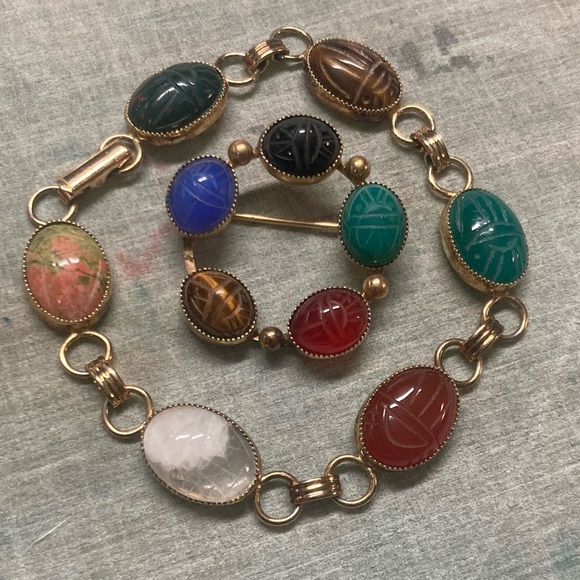 B.A. Ballou Vintage 1950's Vermeil 6 Oval Hardstone Scarab Link Bracelet 7" - Picture 14 of 14